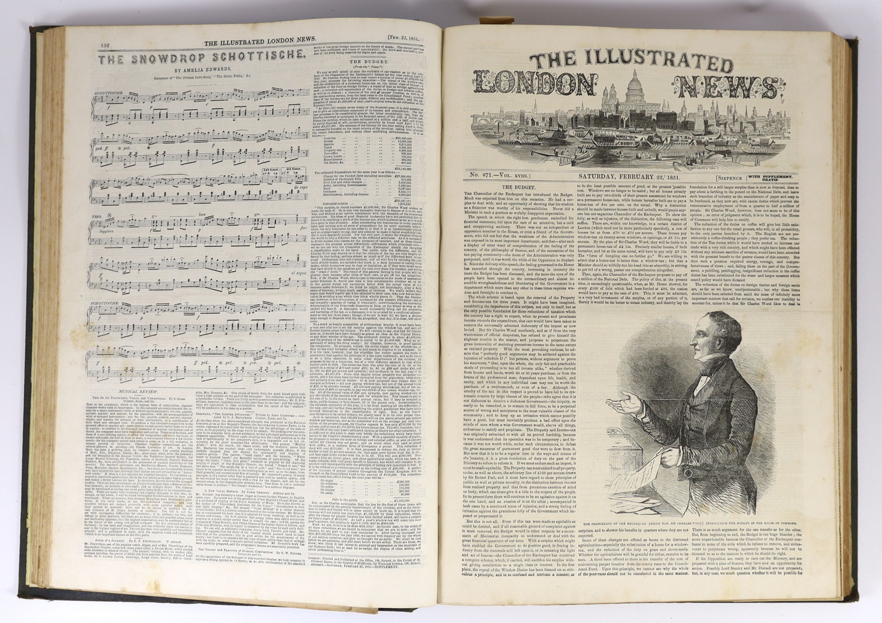 The Illustrated London News, vols 18-21, (Jan. - June, 1851, and July - Dec. 1852) bound in 2, folio, publisher’s cloth gilt, contents include The Great Exhibition at Crystal Palace, London, 1851-52